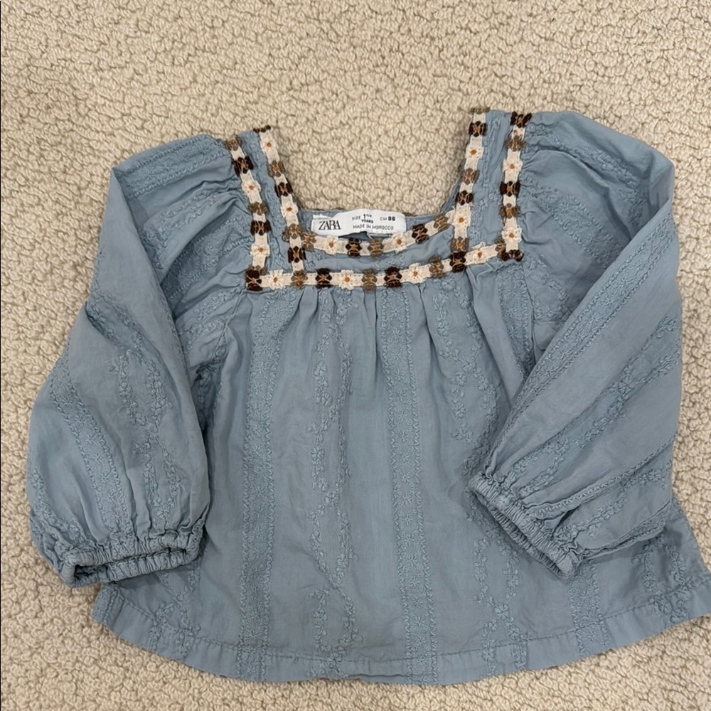 Zara Embroidered Blue Girls Top with Floral Trim 1 and 1/2 years or 18 months